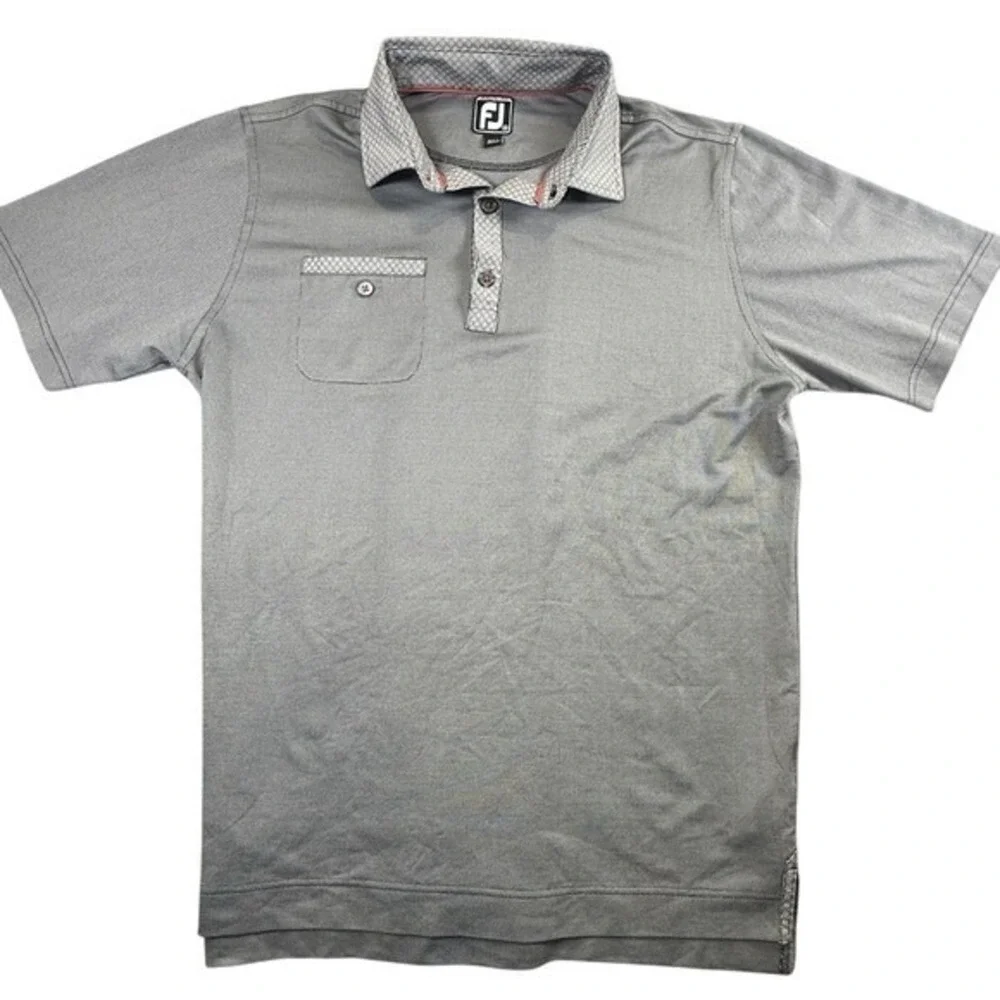 FootJoy Gray White Pattern Golf Polo Men's Medium Athletic Fit Short Sleeve‎